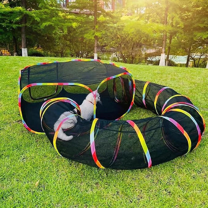 Catio Outdoor Cat Enclosure, Portable Cat Tunnel Playground with Rainbow Tent, Circle Cat Playpen Tunnel for Kitty and Small Family Pet Indoor & Outside Play