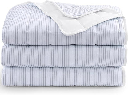Casa Platino Quilted Blanket Twin XL Size - Pre Washed - Soft & Lightweight Bed Blanket - All Season Down Alternative Blankets - Ticking Stripe Blue, White