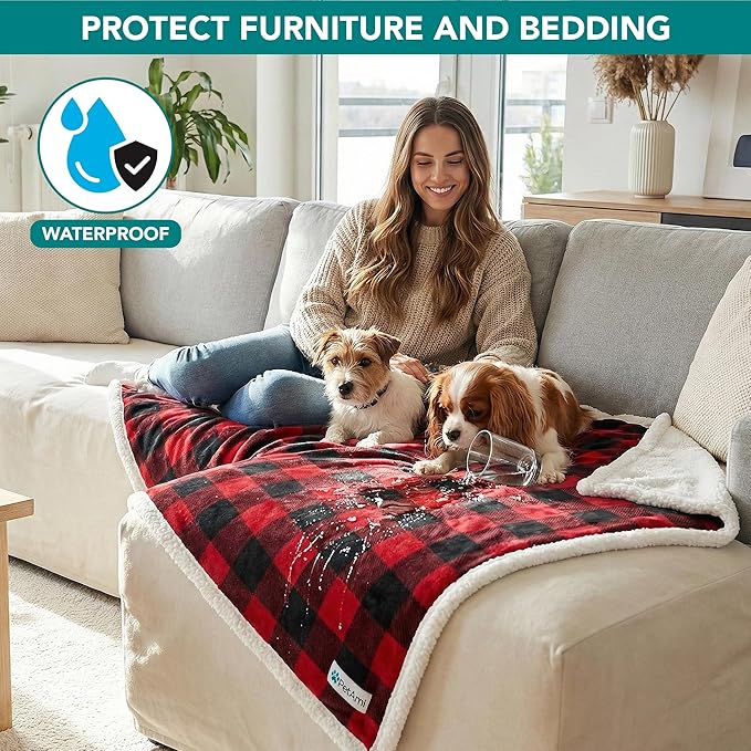 PetAmi Waterproof Dog Blanket for Small Medium Dog Puppy Cat Throw for Couch Cover Leakproof Protection, Sherpa Fleece, Reversible Soft Washable 29x40 Checker Plaid Red