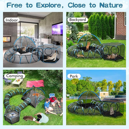 Outdoor Cat Enclosure, 4-in-1 Cat Tent Outdoor Pet Playpen with Tunnel, Portable Catio Play Pen for Outside and Indoor Cat Enclosure with Storage Bag for Kitty and Small Animals