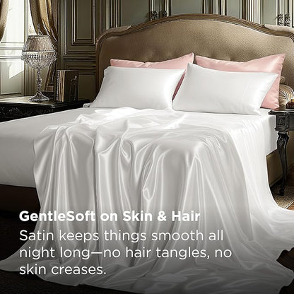 Bedsure White Satin Sheets King Size - 4 Piece Silky Bedsheets with 15 Inches Deep Pocket Fitted Bedsheet,1 Flat Sheet, 2 Satin Pillowcases, Good for Hair & Skin (King, White)