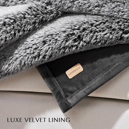 EVERGRACEHOME Luxury Soft Faux Chinchilla Fur Throw Blanket for Couch, Warm Thick Heavy Winter Throw Blanket 1220GSM for Bed, Fluffy Cozy Mink Blanket with Reversible Velvet, Onyx Mink, 50"x60"