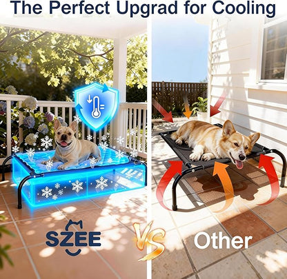 SZEE Raised Dog Bed with Detachable 2-Sided Cooling/Warming Waterproof Mat, Elevated Dog Cot Bed for Small Sized Breeds with Durable Steel Frame & Sturdy Teslin Mesh, Outdoor & Indoor All-Season Use