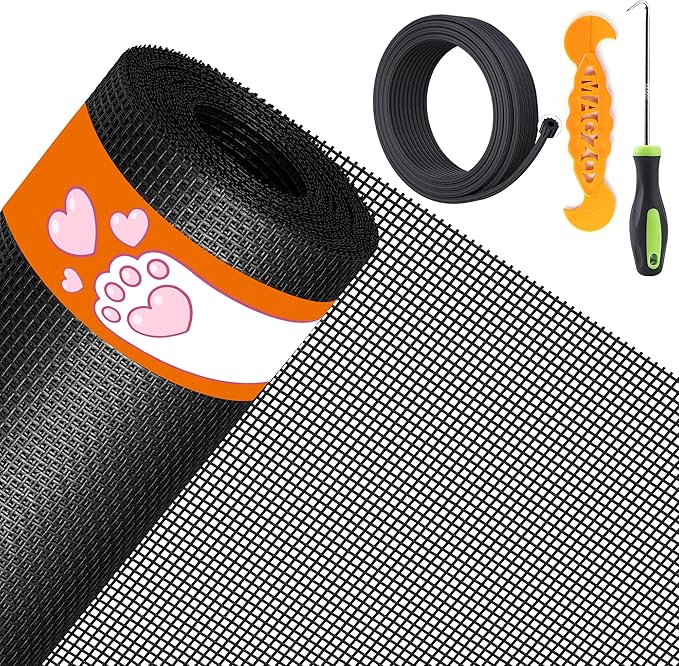 MAGZO Pet Proof Window&Door Screen Replacement Kit, 48" W x 99" L, Best Vinyl Coated Polyester Mesh Dog Cat Resistant Heavy Duty, 32FT Retainer Spline&Spline Removal Hook&Press-Fit Roller Tool, Black
