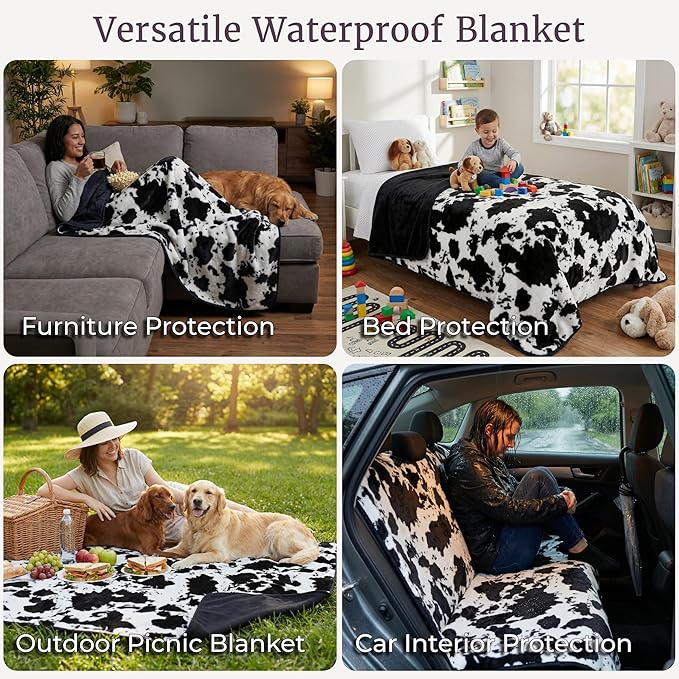 Waterproof Blanket for Bed, Couch, or Car - 60” x 80” Reversible Queen Size Throw Blanket for Reliable Leakproof Furniture Protection - Washable Pet Throws by Lavish Home (Cow Print)