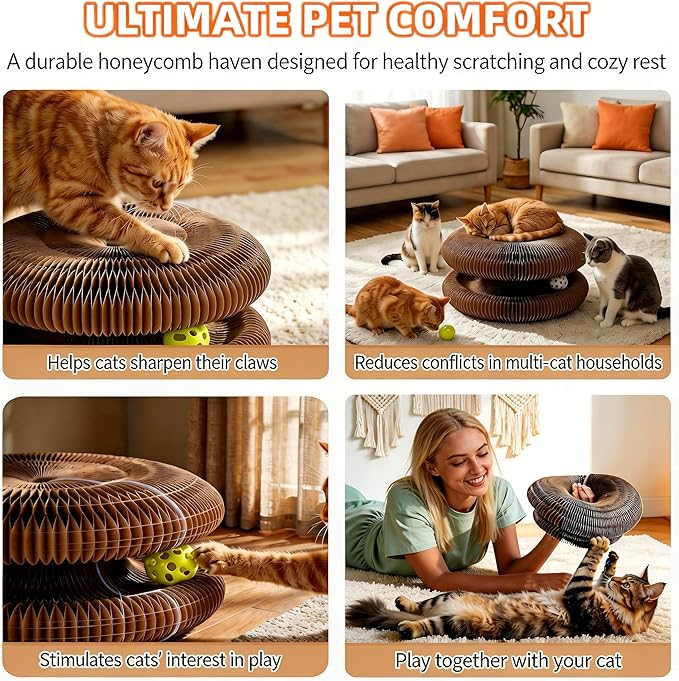 Twisty Paws Cat Toy - Magic Organ Kitty Curl Scratcher with Bell-Ball, Magnetic & Foldable Cardboard Shape Shifting, Interactive Accordion Kurlz Board for Indoor Cats