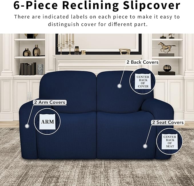 Easy-Going 100% Dual Waterproof Recliner Loveseat Cover, 6-Pieces Stretch Relining Sofa Cover with Pocket, Jacquard 2 Seat Sofa Slipcover Leakproof Washable (Loveseat, Navy)
