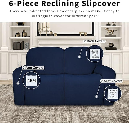 Easy-Going 100% Dual Waterproof Recliner Loveseat Cover, 6-Pieces Stretch Relining Sofa Cover with Pocket, Jacquard 2 Seat Sofa Slipcover Leakproof Washable (Loveseat, Navy)