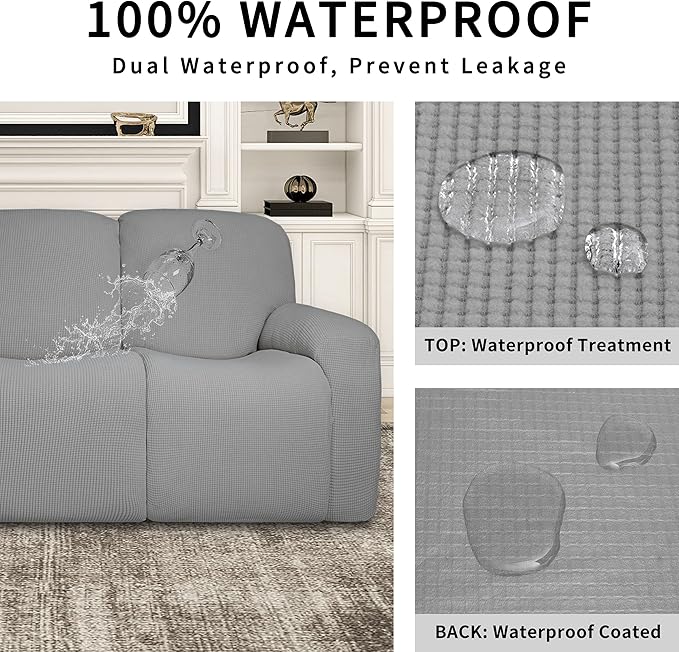 Easy-Going 100% Dual Waterproof Recliner Sofa Cover, 8-Pieces Stretch Relining Couch Cover with Pocket, Jacquard 3 Seat Sofa Slipcover Leakproof Washable (Sofa, Light Gray)