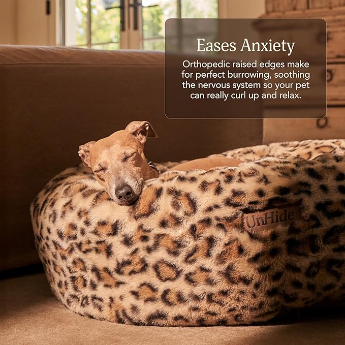 UnHide Floof Pet Bed - Small (23" x 8") - Extra Soft Dog Bed - Removable Faux Fur Cover - Machine Washable - Helps Ease Pet Anxiety & Provides The Perfect Sleep - Leopard