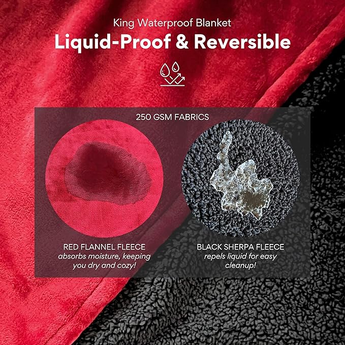 Waterproof Blanket King Size, Red & Black, 82x82"- Water Proof and Stain Resistant Blankets for Bed, Couch, Couples Fleece Moisture Absorbent, Layered Sheet Protector, Leakproof Protective Top Cover