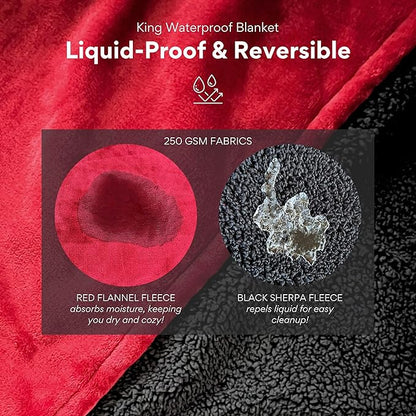 Waterproof Blanket King Size, Red & Black, 82x82"- Water Proof and Stain Resistant Blankets for Bed, Couch, Couples Fleece Moisture Absorbent, Layered Sheet Protector, Leakproof Protective Top Cover