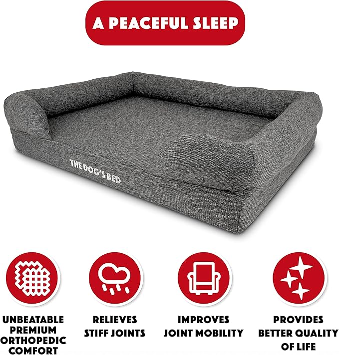 The Dog’s Bed Orthopedic Memory Foam Dog Bed with Bolsters for Large Dogs, Waterproof Washable Cover, Anti-Slip Base, Calming Surface – CertiPUR-Certified Foam, Largeinen Fabric, Grey Linen, Large