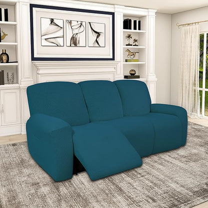 Easy-Going 100% Dual Waterproof Recliner Sofa Cover, 8-Pieces Stretch Relining Couch Cover with Pocket, Jacquard 3 Seat Sofa Slipcover Leakproof Washable (Sofa, Peacock Blue)