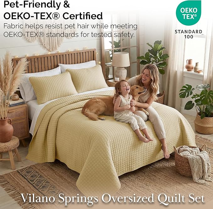 Southshore Fine Living, Inc. King Quilt Bedding Set, Soft, Lightweight Quilt, King Size Coverlet Sets with Shams, Pet Hair Resistant Bedding, Quilted Comforter with 2 Pillow Shams, Gold Quilts