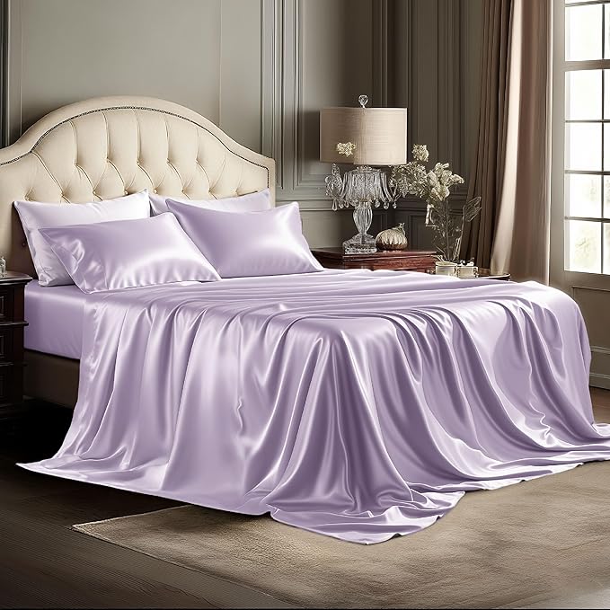 Bedsure Satin Sheets King Size - 4 Piece Silky Bedsheets with 15 Inches Deep Pocket Fitted Bedsheet,1 Flat Sheet, 2 Satin Pillowcases, Good for Hair & Skin (King, Lavender)