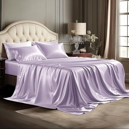 Bedsure Satin Sheets King Size - 4 Piece Silky Bedsheets with 15 Inches Deep Pocket Fitted Bedsheet,1 Flat Sheet, 2 Satin Pillowcases, Good for Hair & Skin (King, Lavender)