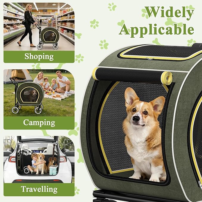 Kepptory Foldable Pet Stroller for Small Medium Dogs Cats, Detachable Carrier, 50lbs Max Weight Capacity, Portable Lightweight Travel Dog Stroller for Outdoor Walking Shopping Camping, Green