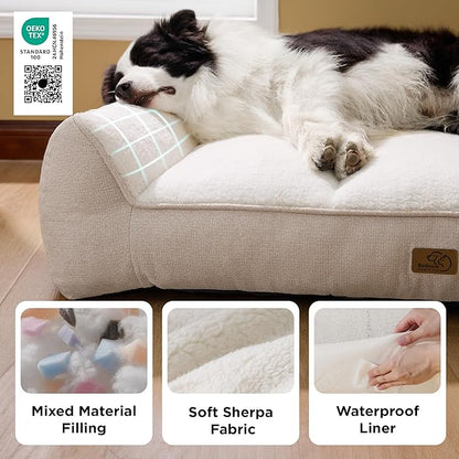 Bedsure SupportMax™ Orthopedic Dog Bed Medium Size Dog - As Seen on TV Extra Thick Supportive Medium Dogs Beds with Waterproof Washable Cover, Comfort Pet Bed Sofa with Soft Sherpa, Beige, 35"