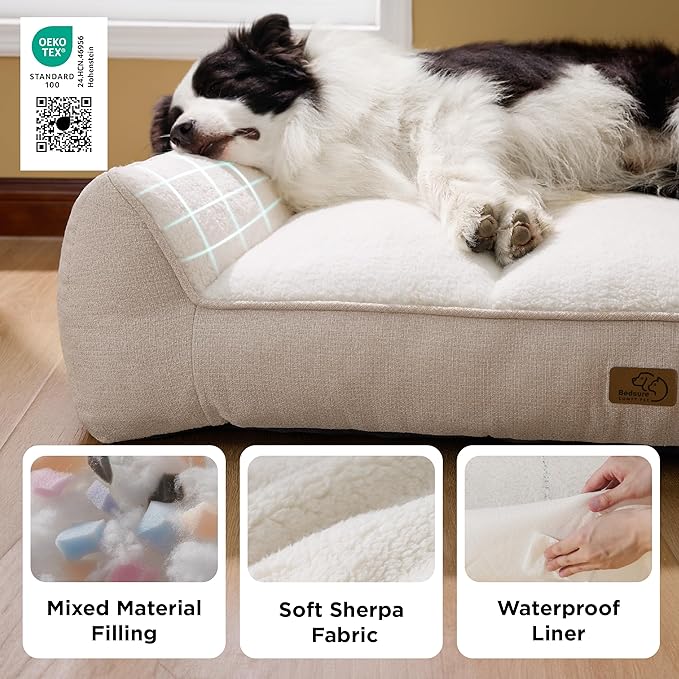 Bedsure SupportMax™ XL Pro Orthopedic Dog Beds Large Sized Dog - As Seen on TV Extra Thick Supportive Dogs Couch with Waterproof Washable Cover, Extra Large Comfort Pet Sofa with Soft Sherpa, Beige