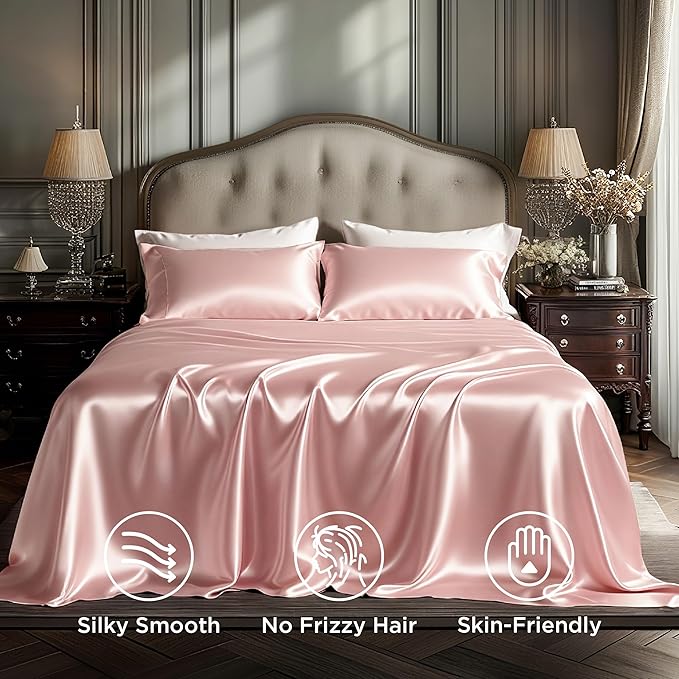 Bedsure Pink Satin Sheets Full Size - 4 Piece Silky Bedsheets with 15 Inches Deep Pocket Fitted Bedsheet,1 Flat Sheet, 2 Satin Pillowcases, Good for Hair & Skin (Full, Peach Pink)