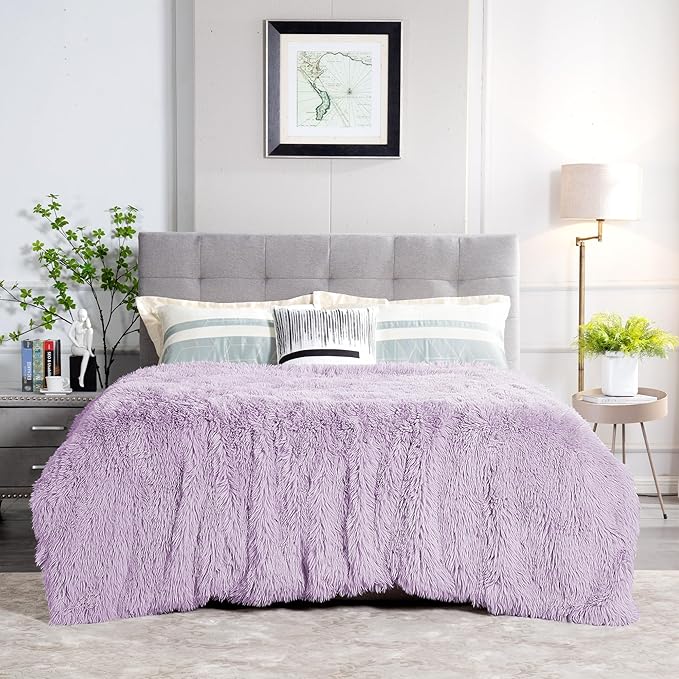 JONIYEAR Extra Large Decorative Fluffy Faux Fur Blanket Queen Size 80" x 90", Soft Luxury Lightweight Furry Blankets, Solid Cozy Shaggy Plush Thick Warm Fuzzy Blankets for Winter Bed Couch, Purple