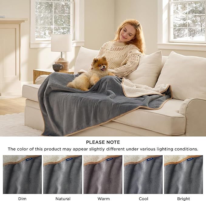 Bedsure Waterproof Blanket for Bed Queen Size- Sherpa Fleece Waterproof Dog Blankets for Large Dogs, Pet Blankets for Bed/Couch, Soft Plush Reversible Furniture Protector, 90"x86", Grey