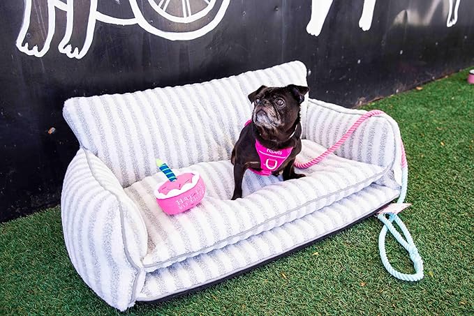 Glow Pups Dog Bed Cozy Sofa, Striped Pattern Cat Bed with Soft Faux Lambswool Cushion, Machine Washable Cotton Blend, Three-Sided Design, Grey/White, XX-Large 47.24" L x 27.55" W x 15.75" Th