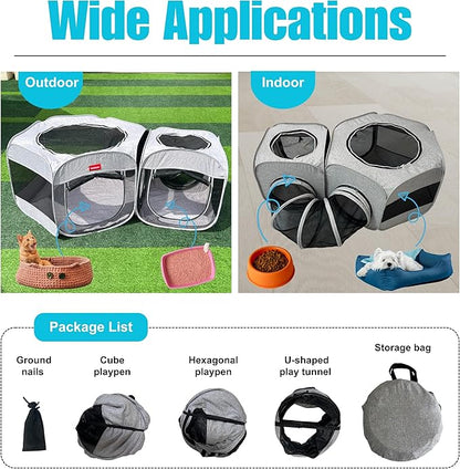 Portable Dog Playpen 2-Room with Tunnel, 3-in-1 Large Cat Crate Play Enclosure with Separate Areas, Foldable Pet Playpen for Puppy Kitten and Small Animals Indoor Outdoor