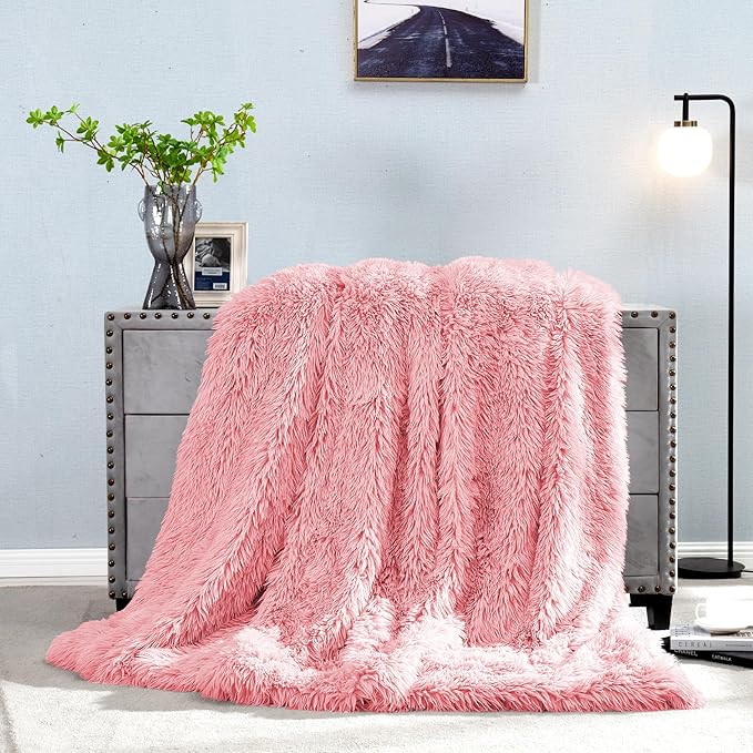 JONIYEAR Oversized Decorative Fluffy Faux Fur Throw Blanket Twin Size 60" x 71", Soft Luxury Lightweight Furry Blankets, Accent Cozy Shaggy Plush Fuzzy Blankets for Bed,Thick Warm Winter Blanket, Pink