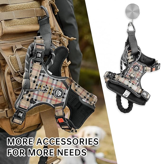 NESTROAD No Pull Dog Harness with Leash, Reflective No Choke Pet Vest Harness,Adjustable Soft Padded Dog Harness with Easy Control Handle for Large Dogs(Checkered Beige,Large)