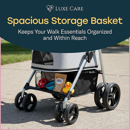 4 Wheel Foldable Pet Stroller - Lightweight Dogs and Cats Stroller Upto 50lbs with Mesh Canopy, Storage Basket and Cup Holder, Durable for Walks and Outings (Medium)