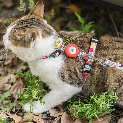 Cat Harness and Leash Escape Proof for Walking Travel Outdoor - Cute Floral Nylon Adjustable Cute Cat Harness Leash Set with Airtag Holder for Small Large Cats