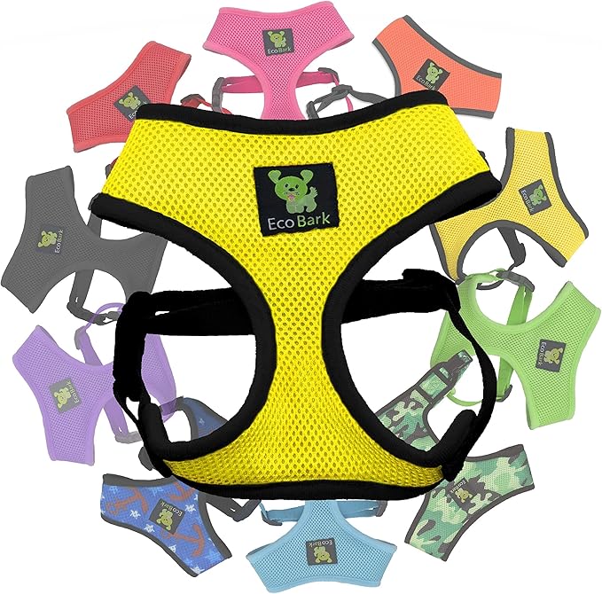 EcoBark Yellow Dog Harness - Eco-Friendly Max Comfort Harnesses - Luxurious Soft Mesh Halter - Over the Head Harness Vest- No Pull and No Choke
