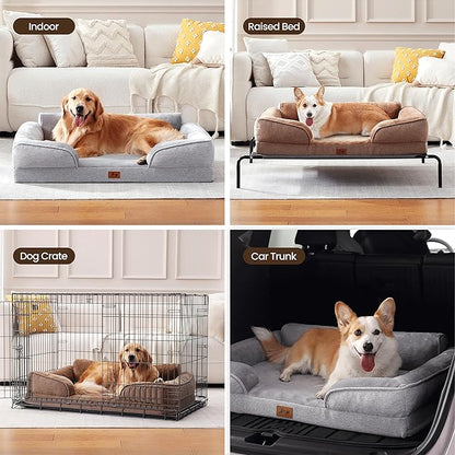 Orthopedic Dog Beds for Large Sized Dogs, Waterproof Egg-Crate Foam Pet Couch Bed with Soft Side, Non-Slip Dog Sofa with Flannel Removable Washable Cover, 35"L Supportive Pet Sofa, Light Grey