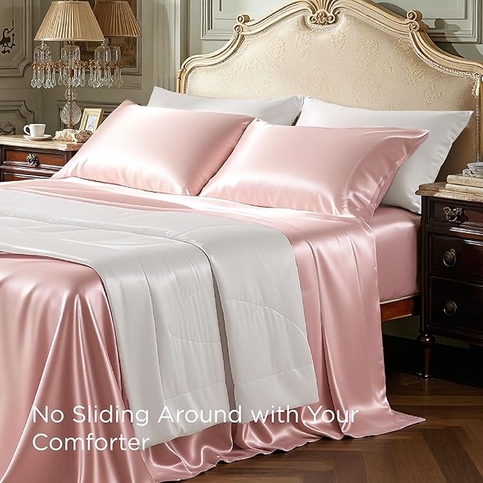 Bedsure Pink Satin Sheets King Size - 4 Piece Silky Bedsheets with 15 Inches Deep Pocket Fitted Bedsheet,1 Flat Sheet, 2 Satin Pillowcases, Good for Hair & Skin (King, Peach Pink)