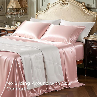 Bedsure Pink Satin Sheets King Size - 4 Piece Silky Bedsheets with 15 Inches Deep Pocket Fitted Bedsheet,1 Flat Sheet, 2 Satin Pillowcases, Good for Hair & Skin (King, Peach Pink)