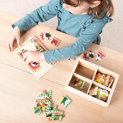 Melissa & Doug 4‑in‑1 Wooden Farm Jigsaw Puzzle Set, 48 Pieces with Storage Box, Toddler Puzzle Toy for Kids Ages 3+