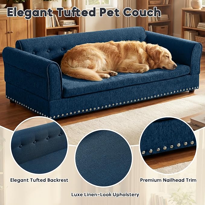 Elevated Dog Sofa for Medium to Large Dogs, Button Tufted Dog Couch Bed with Backrest and Armrests, Durable Memory Foam Pet Bed, Removable Cushion for Medium and Large Dogs, Dark Blue