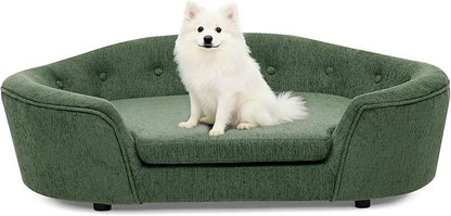 Dog Couch Bed with Oval Semi-Enclosed, Durable Linen Material Pet Sofa with Soft Foam Cushion, Dog Sofa Bed with Legs for Medium Dogs, Green