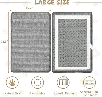 Graciadeco Gray Cat Scratching Mat Sisal, 2 Packs Sisal Fabric Large Cat Scratching Pad for Indoor Cats with Adhesive Hook Loop Tape, Wall Scratchers for Indoor Cats 23.6" x 15.7"