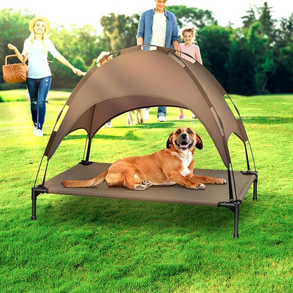 Heeyoo Elevated Dog Bed with Canopy, Portable Dog Cot with Removable Shade Tent, Outdoor Raised Pet Cot Cooling Bed for Dogs