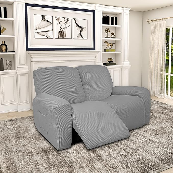 Easy-Going 100% Dual Waterproof Recliner Loveseat Cover, 6-Pieces Stretch Relining Sofa Cover with Pocket, Jacquard 2 Seat Sofa Slipcover Leakproof Washable (Loveseat, Light Gray)