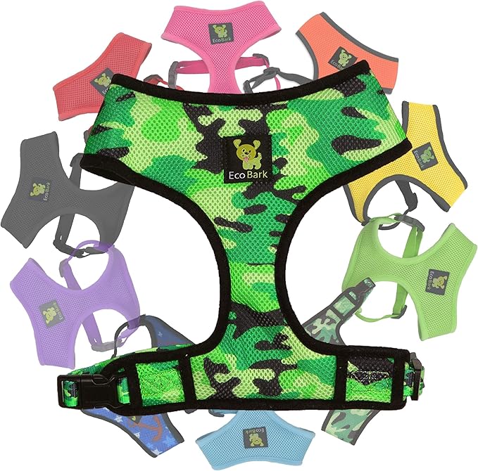 EcoBark Dog Harness - Eco-Friendly Max Comfort Harnesses - Luxurious Soft Mesh Halter - Over The Head Harness Vest- No Pull and No Choke for Puppy, Toy Breeds & Small Dogs (Small, Camo)