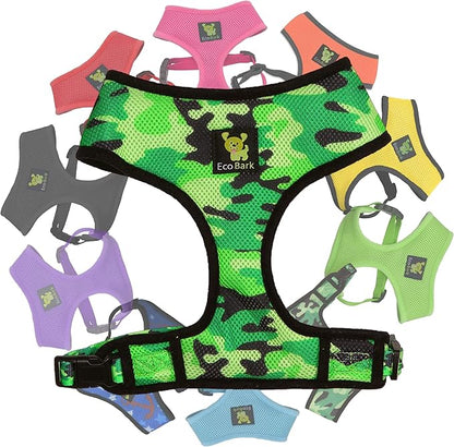 EcoBark Dog Harness - Eco-Friendly Max Comfort Harnesses - Luxurious Soft Mesh Halter - Over The Head Harness Vest- No Pull and No Choke for Puppy, Toy Breeds & Small Dogs (Small, Camo)