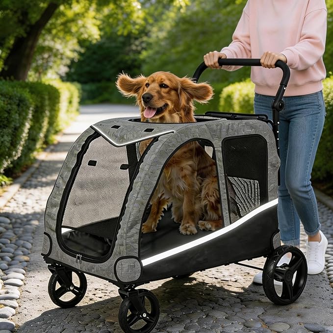 Kepptory Large Dog Stroller for Medium/Large Dogs up to 130 lbs, Foldable Pet Stroller with 4 Wheels, Adjustable Handle, Heavy Duty Dog Carriage for Senior, Disabled, Injured Pets, Grey