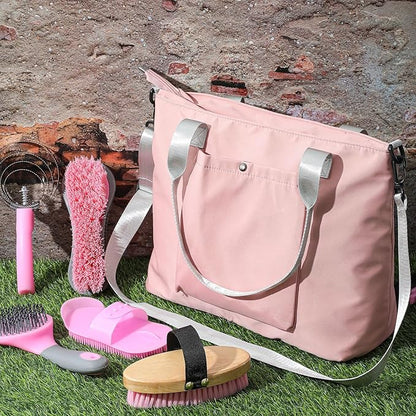 Abbylike 15 Pieces Horse Grooming Kit with Organizer Tote Bag Tack Room Supplies Horse Brush Sets Care Equine Cleaning Kit Shedding Grooming Massaging Tools(Pink and Grey)