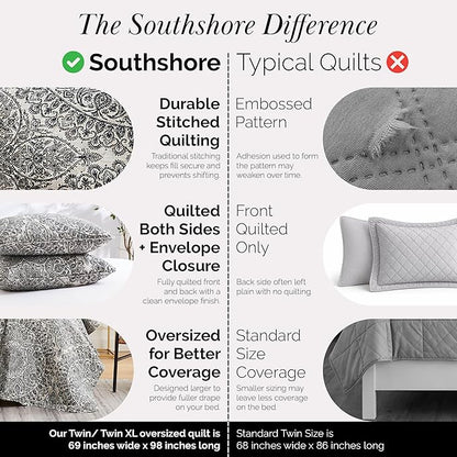 Southshore Fine Living, Inc. Ashanti Collection Oversized Quilt Twin Bedding Set Lightweight, Soft Coverlet Bedspread 2-Piece with one Matching sham (69 in Wide x 98 in Long), Twin/XL, Grey
