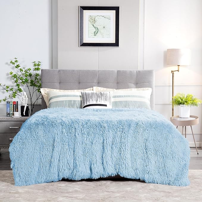JONIYEAR Extra Large Decorative Fluffy Faux Fur Blanket Full Size 71" x 80", Soft Luxury Lightweight Furry Blankets, Accent Cozy Shaggy Plush Fuzzy Blankets for Bed, Thick Warm Winter Blanket, Blue