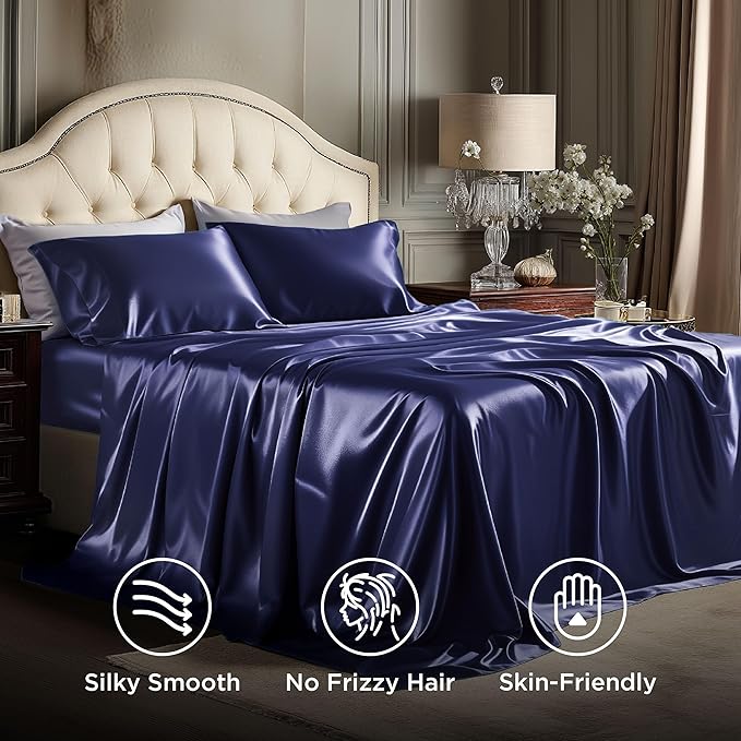 Bedsure Satin Sheets Queen Size - 4 Piece Silky Bedsheets with Elastic Corner Straps and 15 Inches Deep Pocket Fitted Bedsheet,1 Flat Sheet, 2 Satin Pillowcases, Good for Hair & Skin (Queen, Navy)